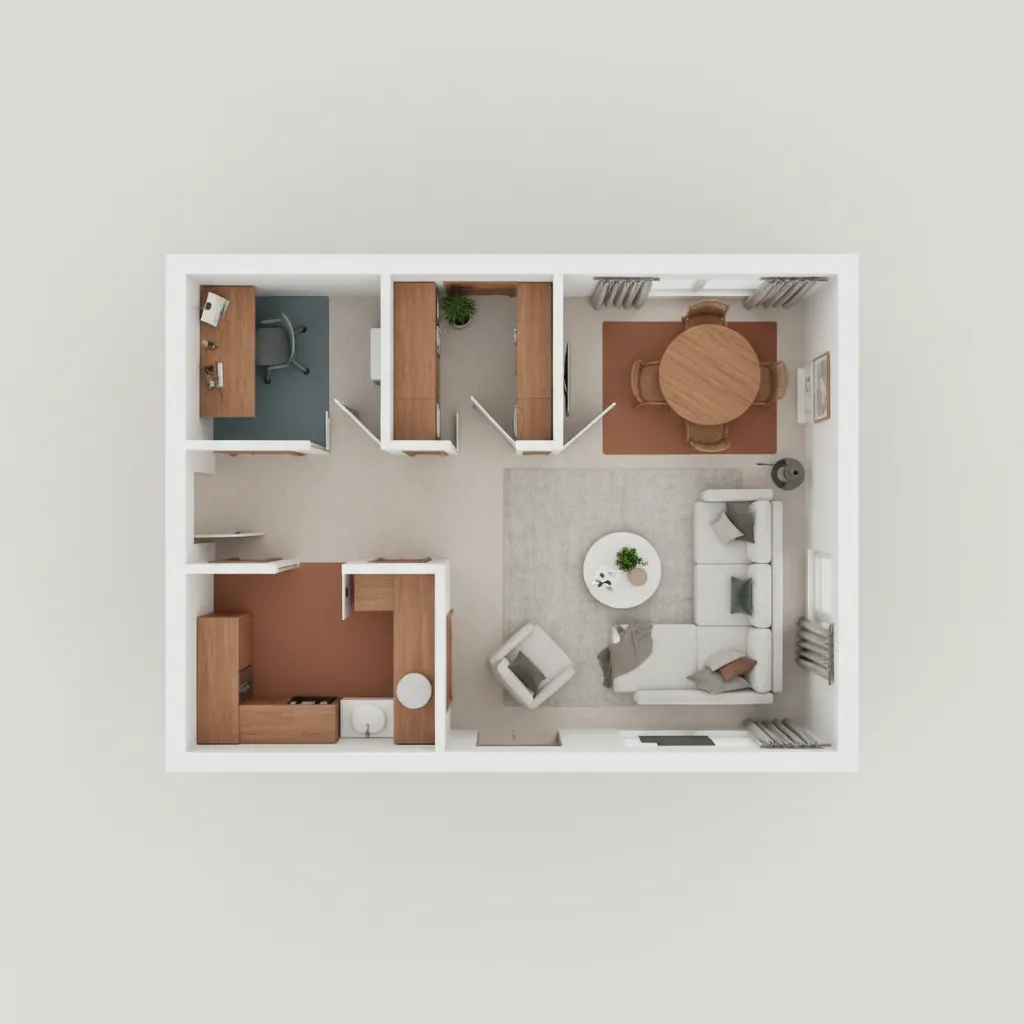 small apartment layout showing colour zones for living dining and workspace