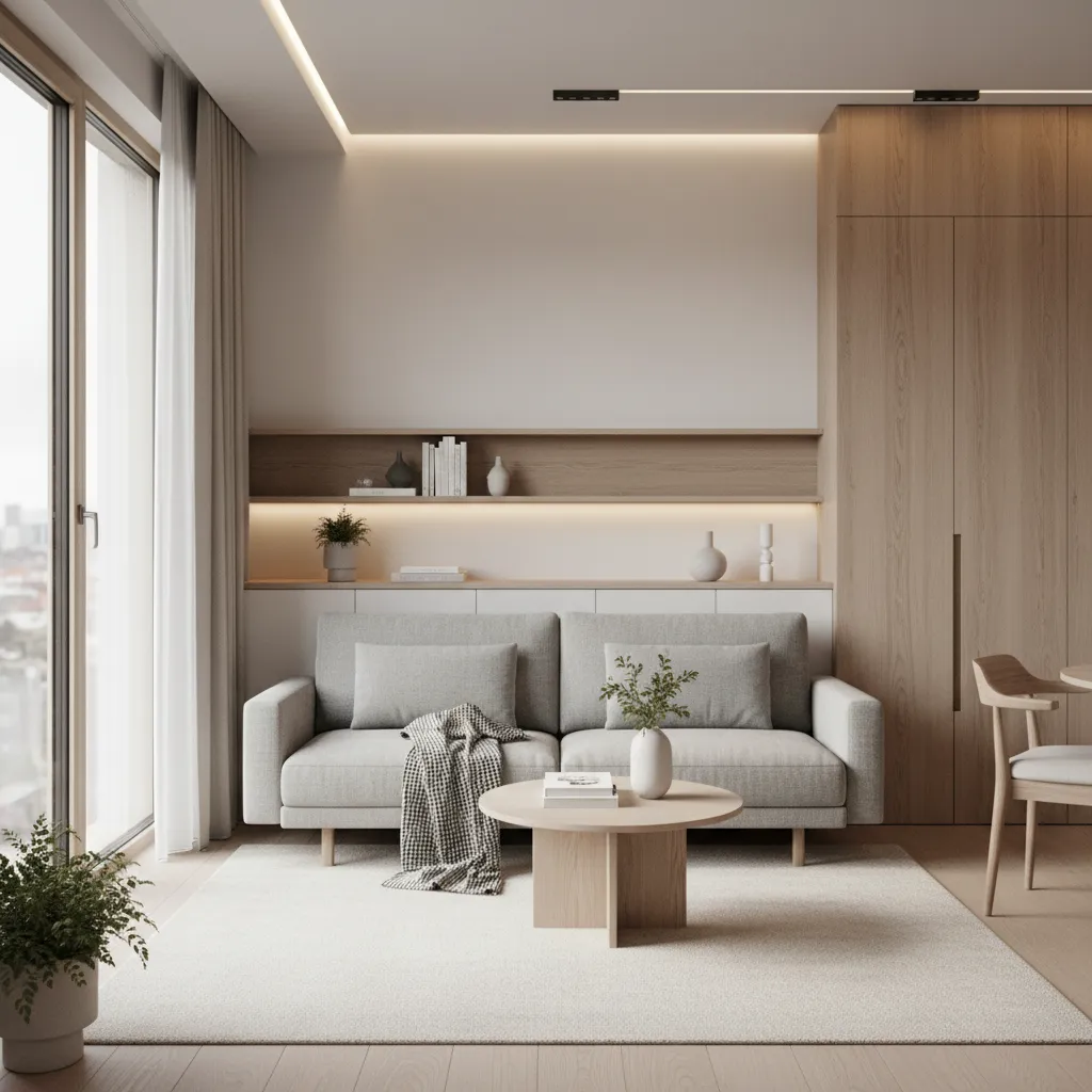 Pequeño apartamento con diseño coherente y minimalista basado en un concepto claro