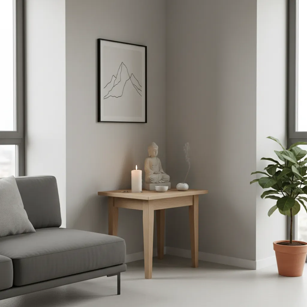 Compact corner home altar in a small apartment living room