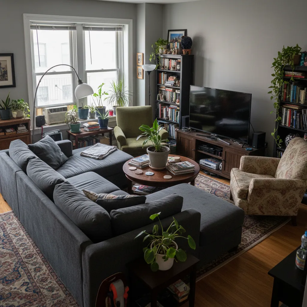 Sala pequeña con exceso de muebles en un apartamento