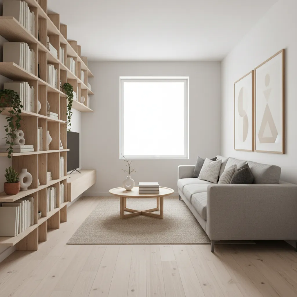 Decorative fake bookshelves styled in a compact apartment living room