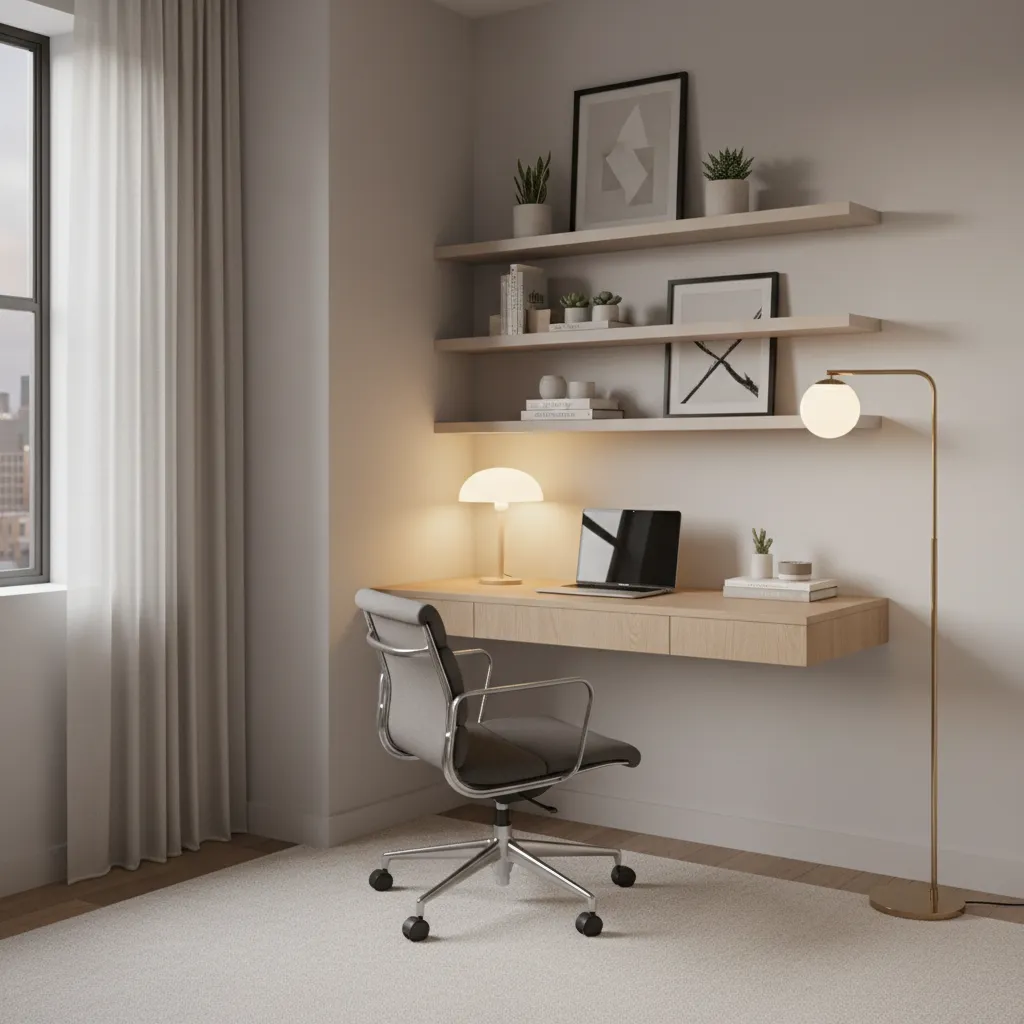 Compact apartment den converted into a small home office workspace