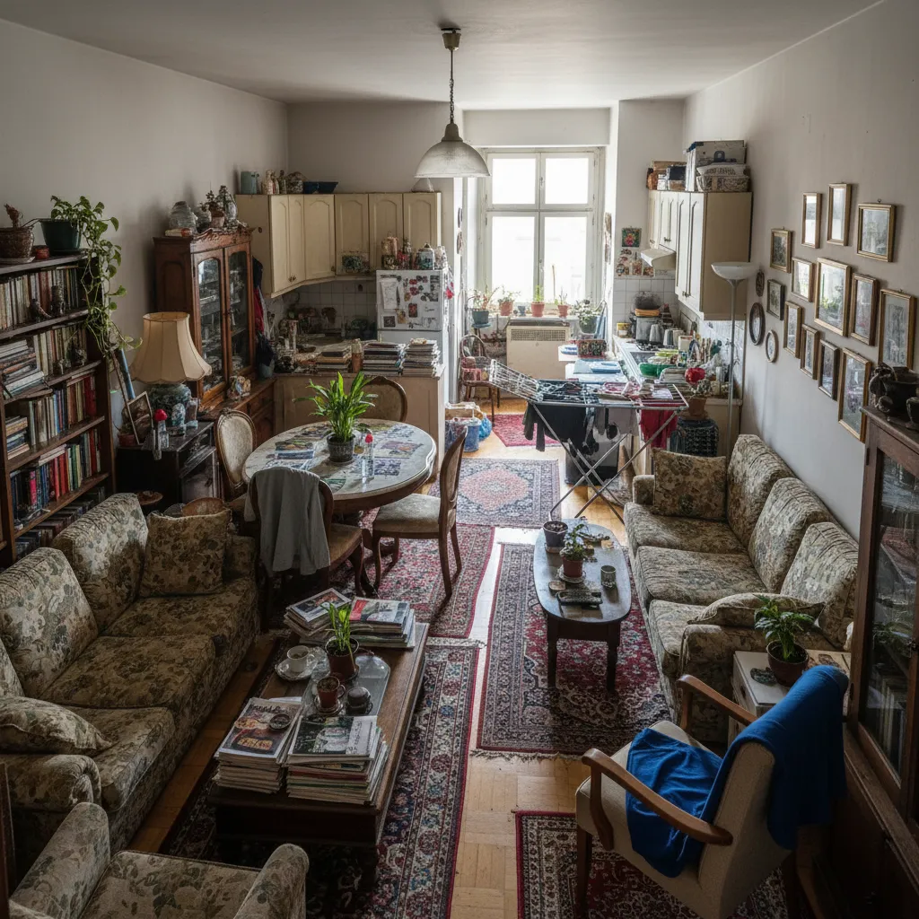 Espacio pequeño saturado de muebles mostrando errores comunes de diseño