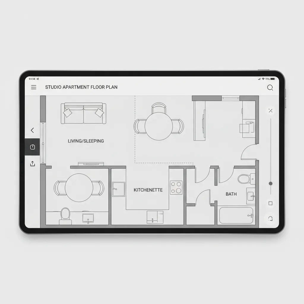 Digital floor plan layout of a compact studio apartment with furniture placement