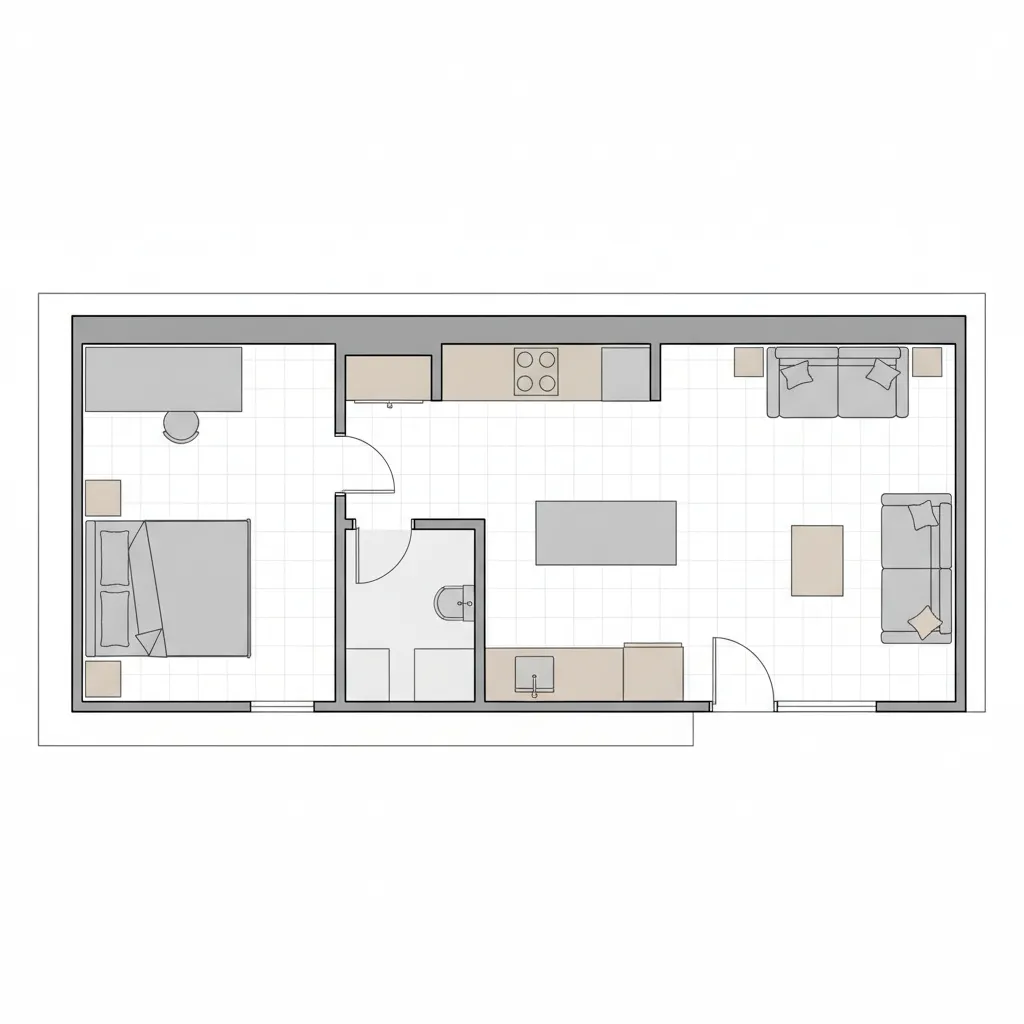 Digital floor plan layout of a small apartment with furniture placement