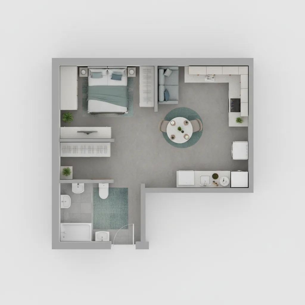 Digital floor plan of a small apartment layout on design software