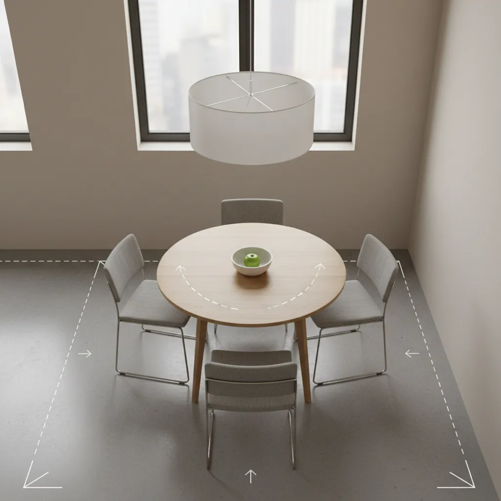 Dining table layout in small apartment showing chair clearance and circulation space