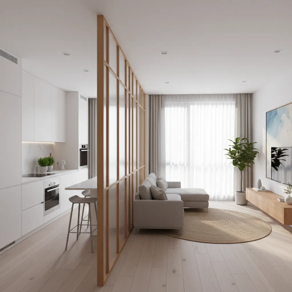 Modern open living room and white kitchen separated by a wooden glass room divider screen
