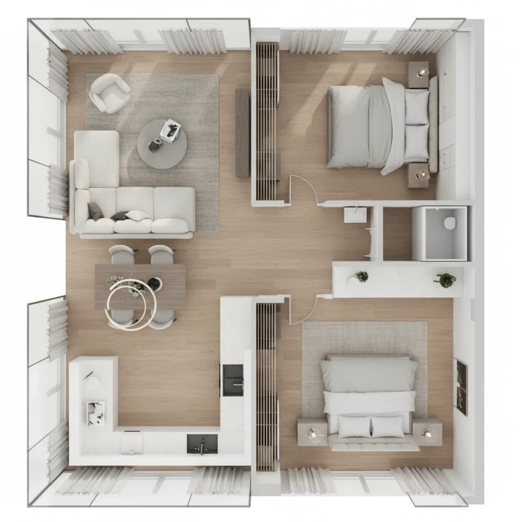visual layout plan showing divider placement in a small apartment