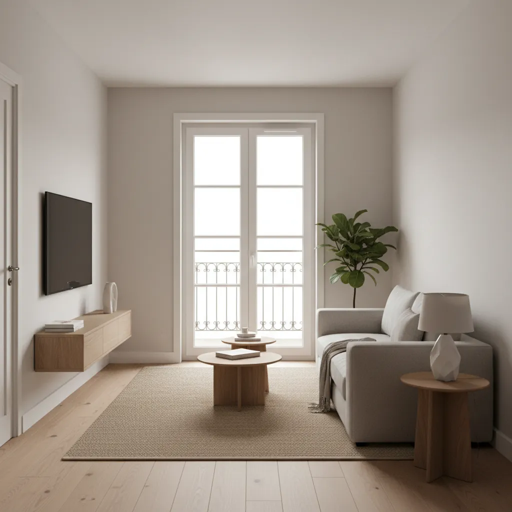 Narrow French double doors connecting living room and balcony in a small apartment