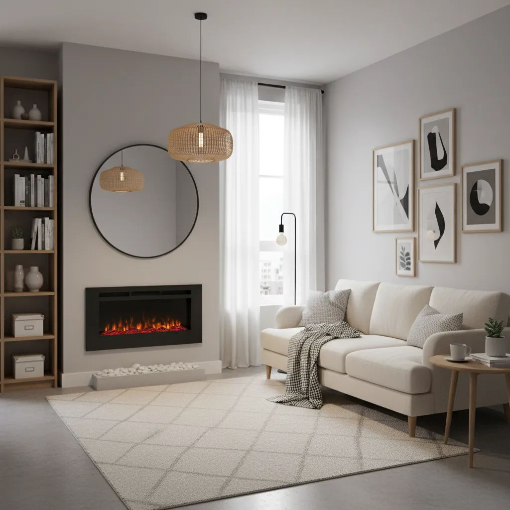 Apartamento pequeño con chimenea eléctrica moderna