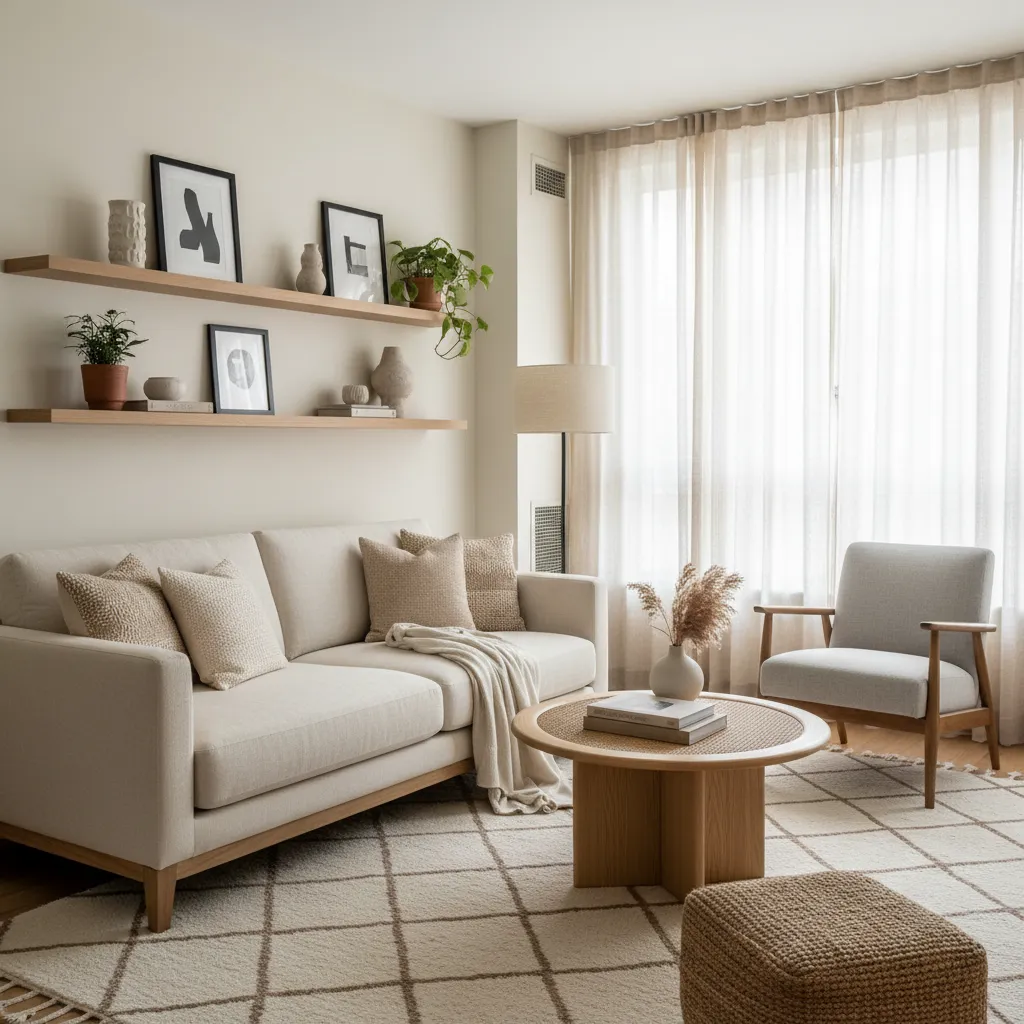 Apartamento pequeño con diseño elegante y texturas naturales