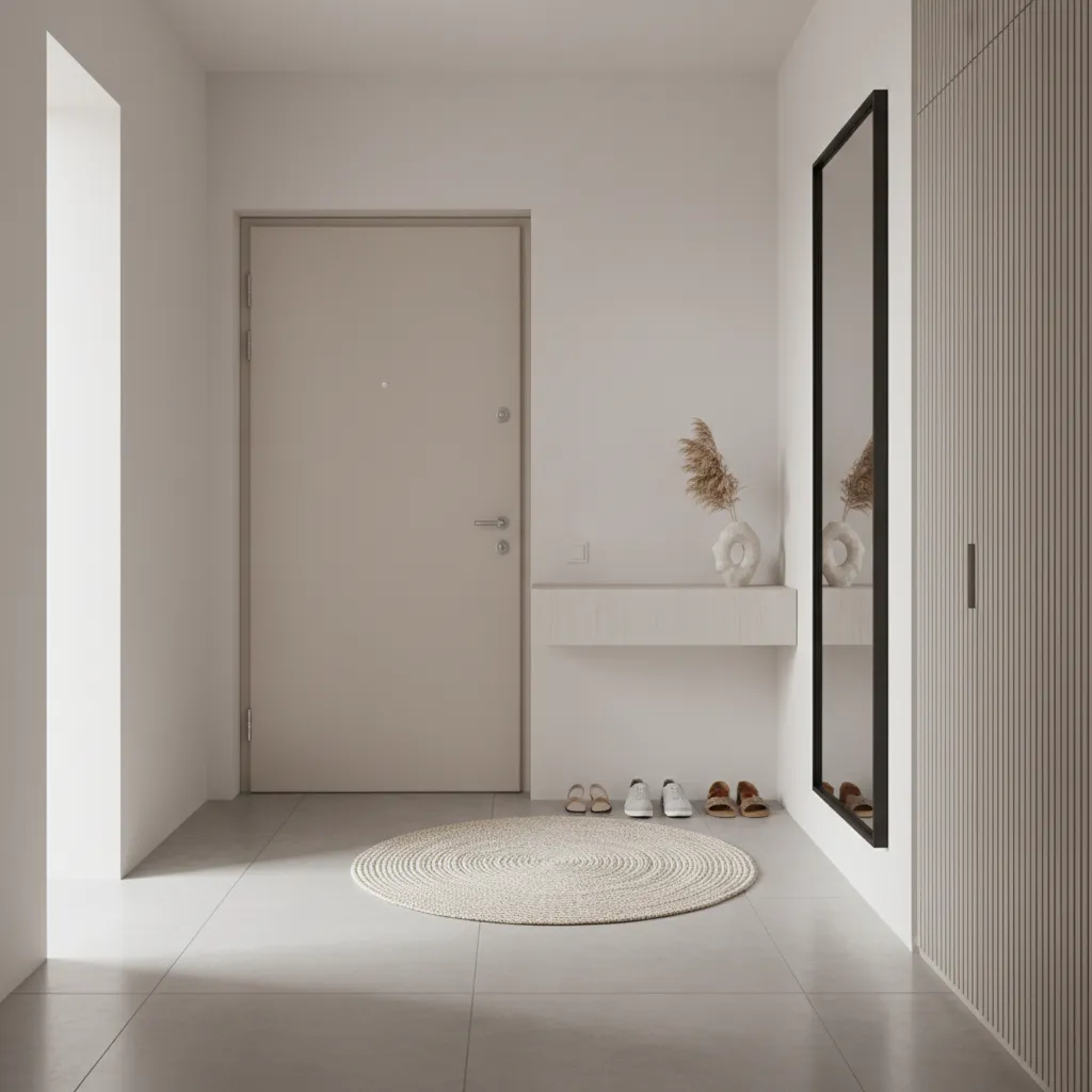 small apartment entryway door with minimal decoration in compact hallway