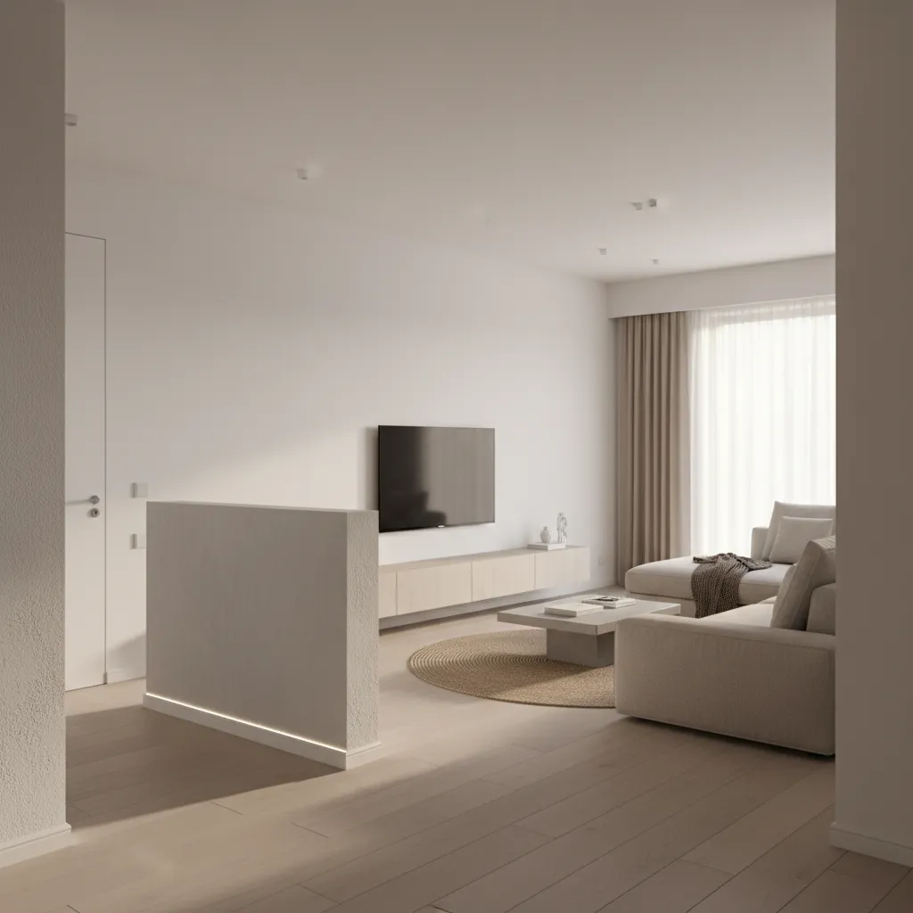 Compact apartment entrance with partial divider separating lobby and living room