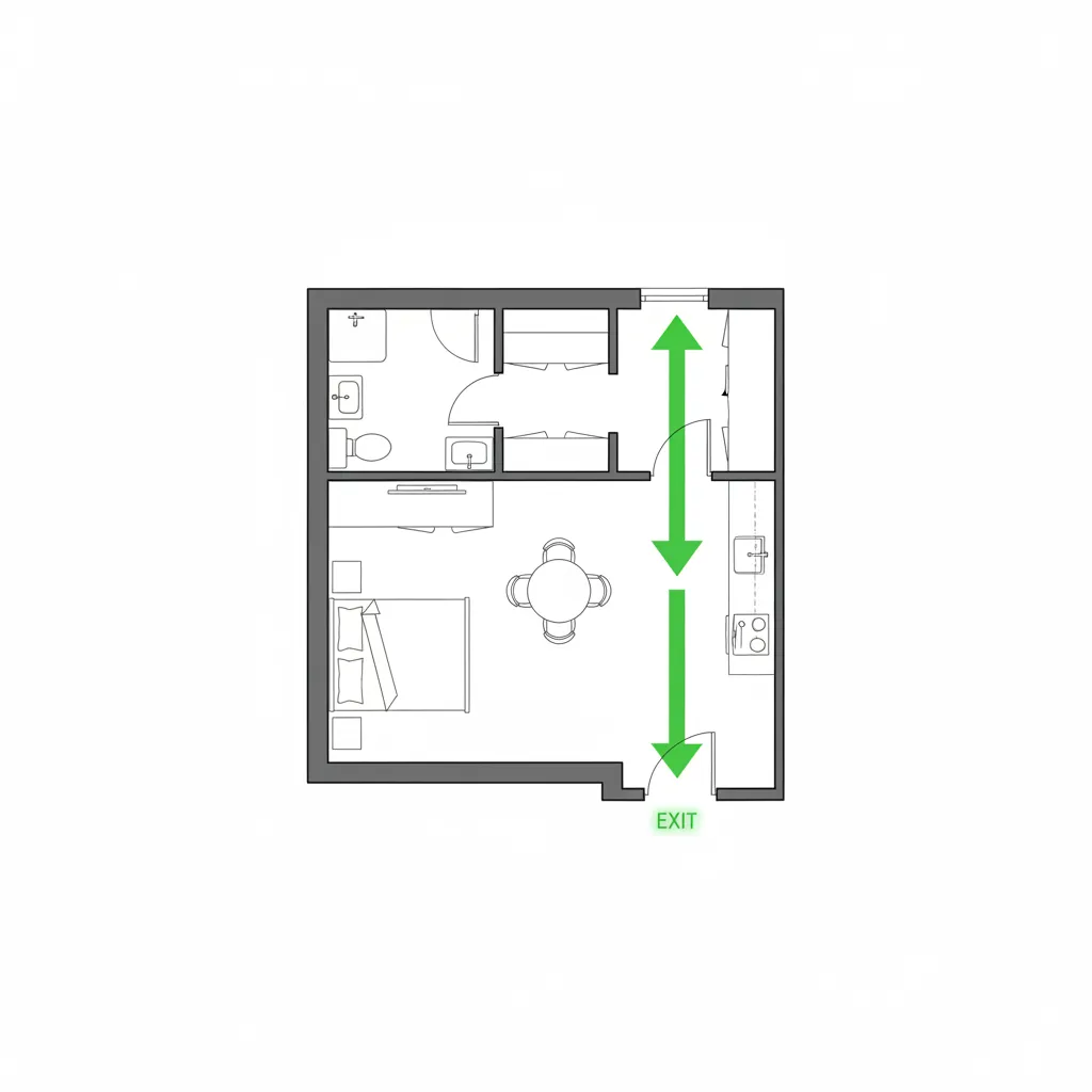 simple evacuation layout diagram for a small apartment showing exits and escape routes