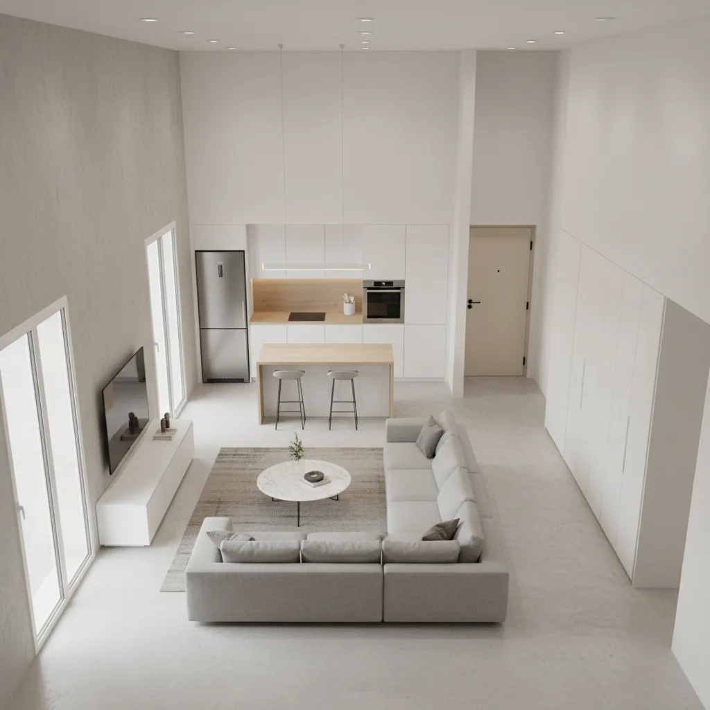 Compact apartment layout showing main exit path and living room arrangement