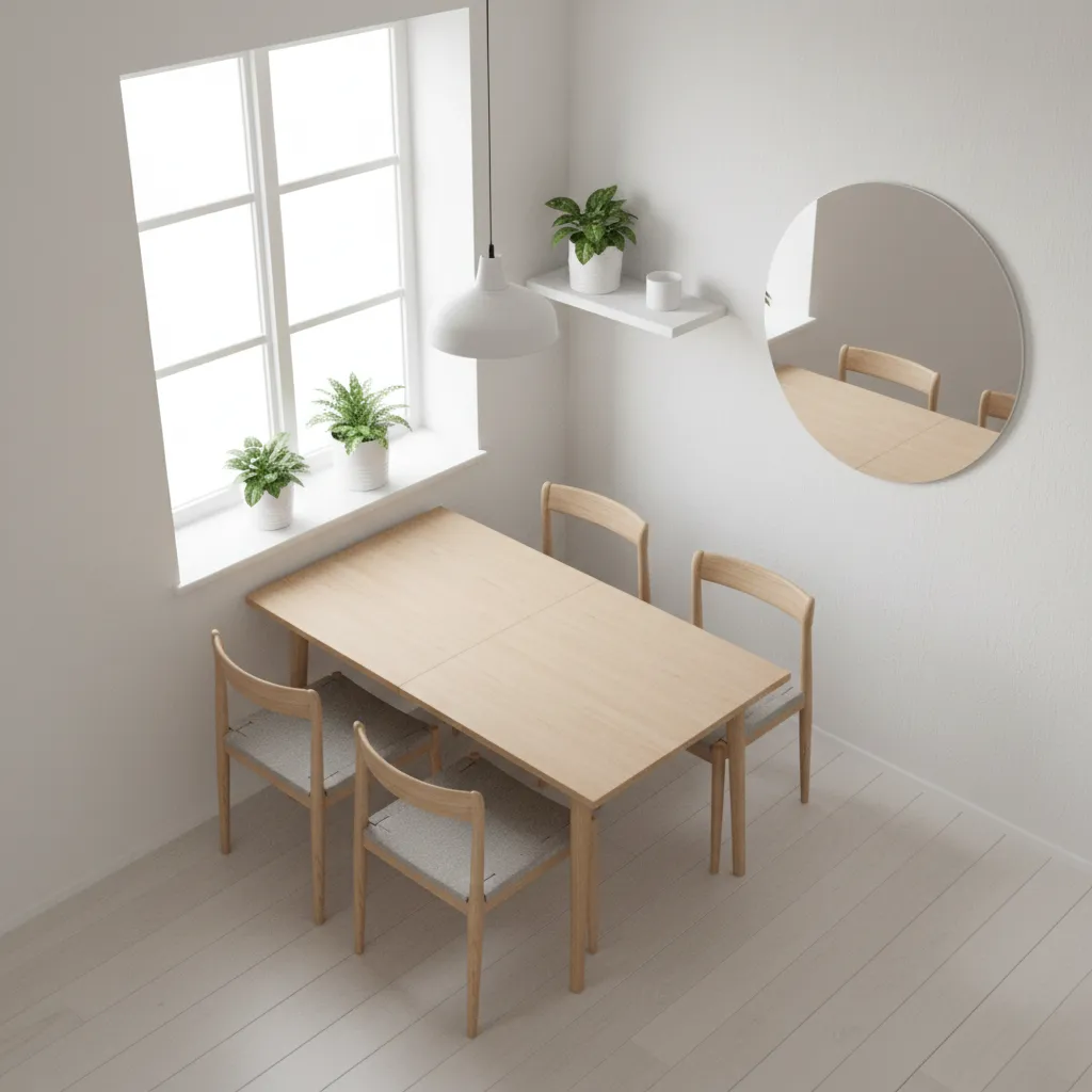 small apartment dining layout with expandable table near wall