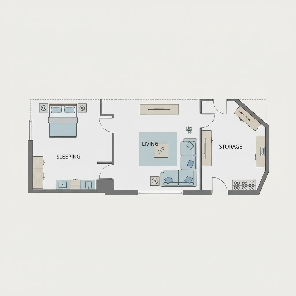Simple layout diagram showing zones for sleeping living and storage in a shared family room