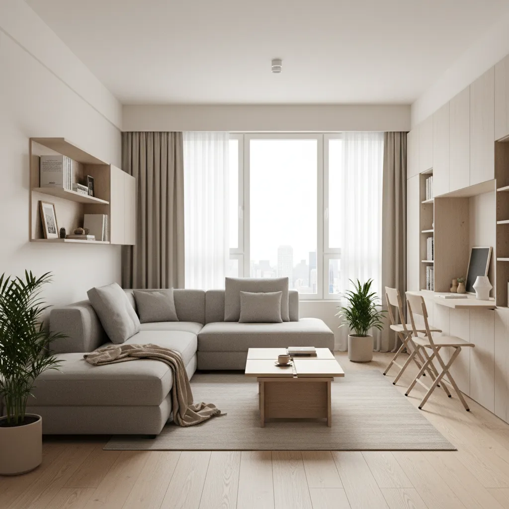 Compact apartment living room designed for multipurpose family use