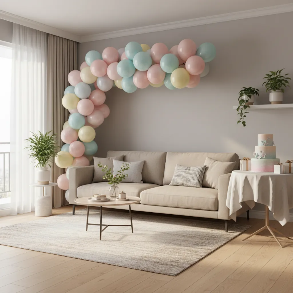 compact living room decorated for a baby's first birthday with pastel balloons