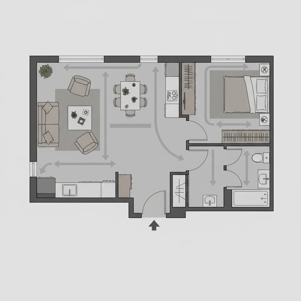 Apartment floor plan diagram highlighting circulation paths in compact layouts
