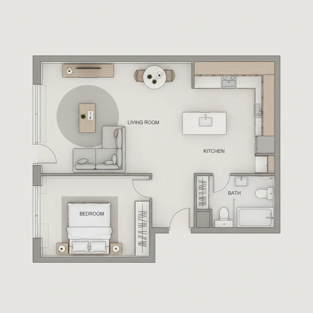 digital floor plan layout for a small apartment with furniture arrangement