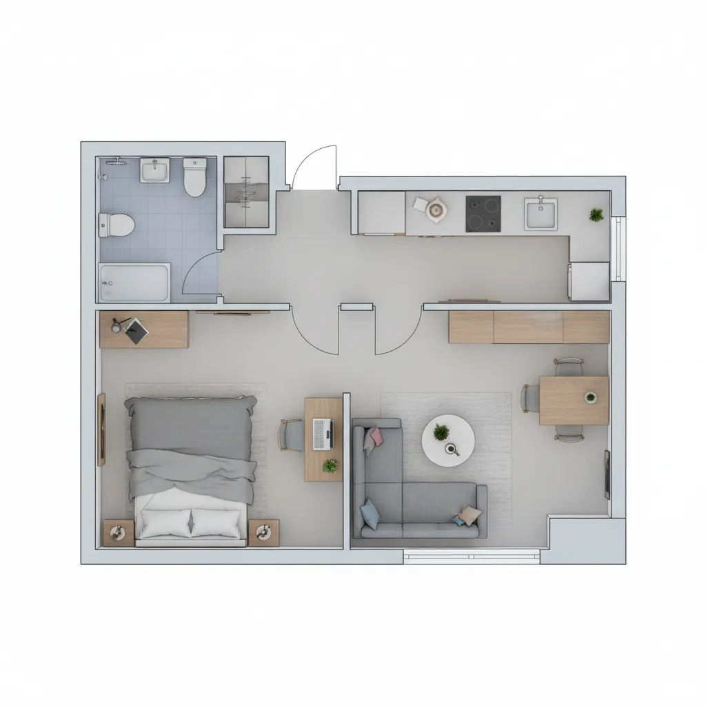 Small apartment floor plan showing optimized furniture layout