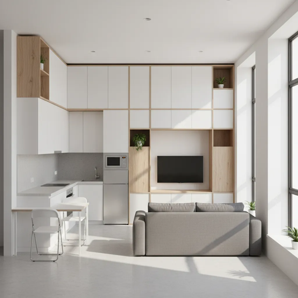 Small apartment floor plan layout showing efficient furniture arrangement