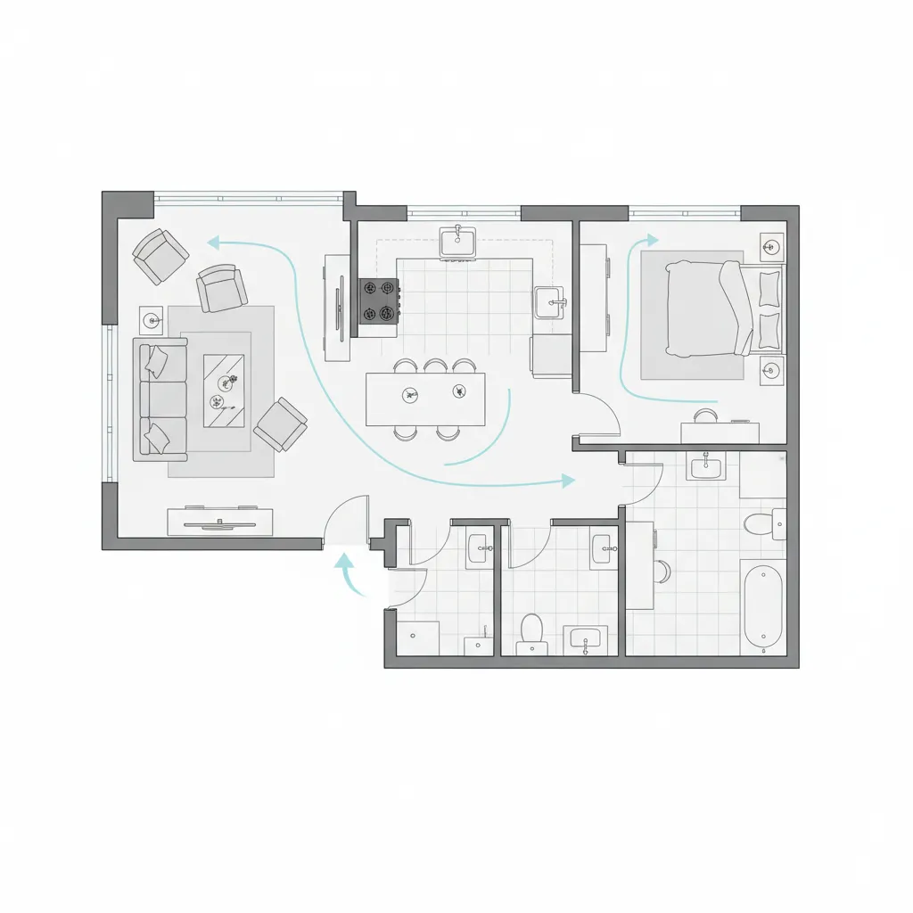 Top view apartment floor plan showing kitchen living room bedroom and circulation flow