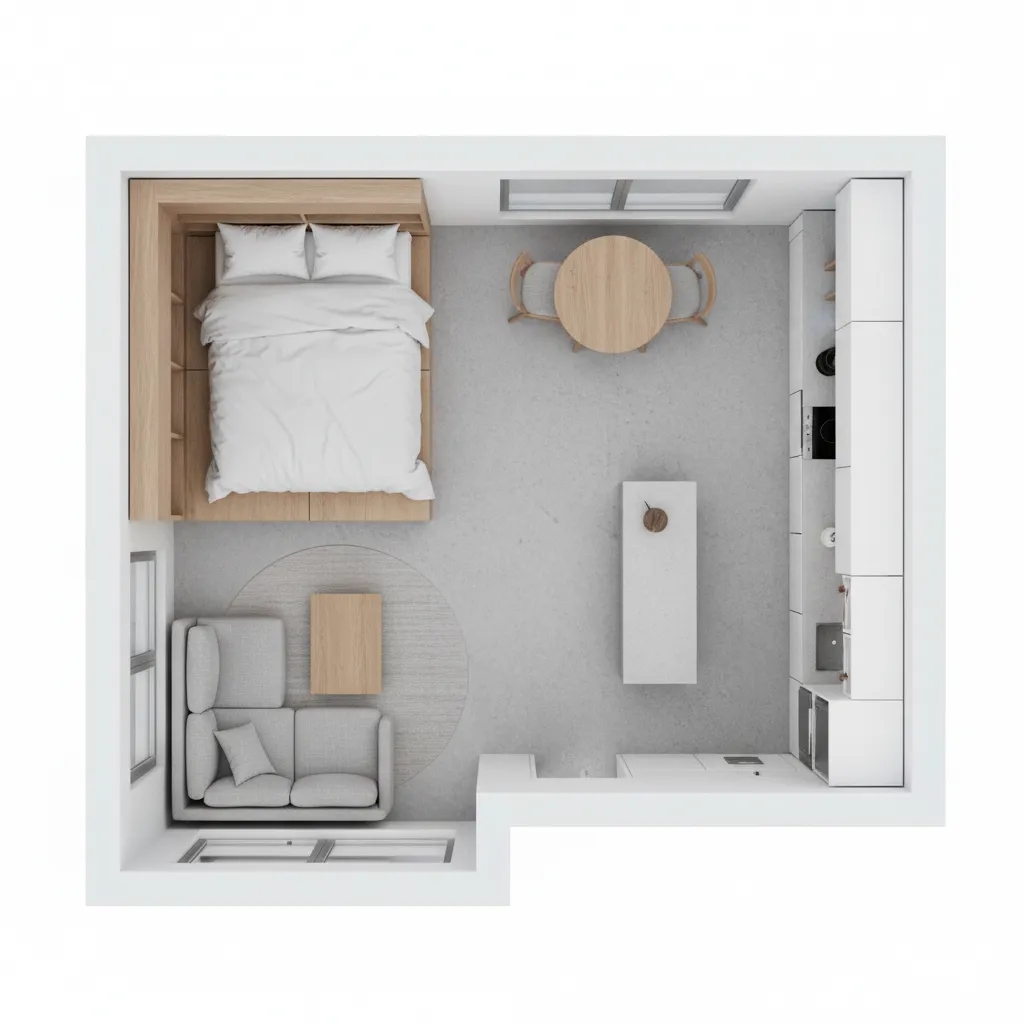 compact apartment floor plan showing optimized furniture placement