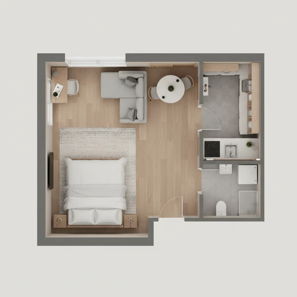 Small studio apartment floor plan with optimized furniture layout