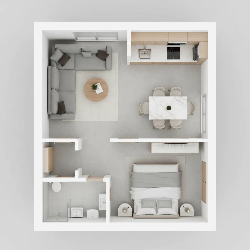 small apartment floor plan layout with furniture placement