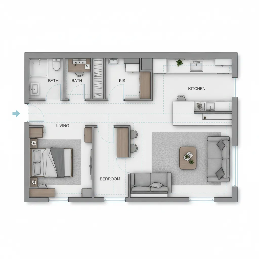 Optimized small apartment floor plan showing smart furniture placement and clear circulation paths