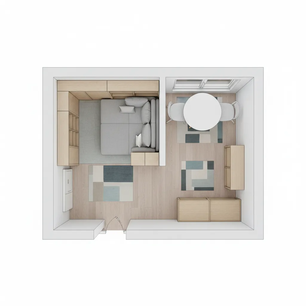 Small apartment floor plan showing optimized furniture placement