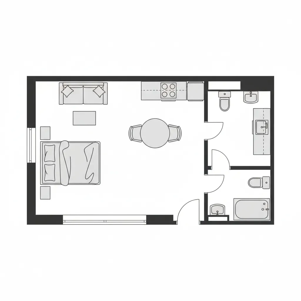 Small apartment floor plan with optimized furniture arrangement