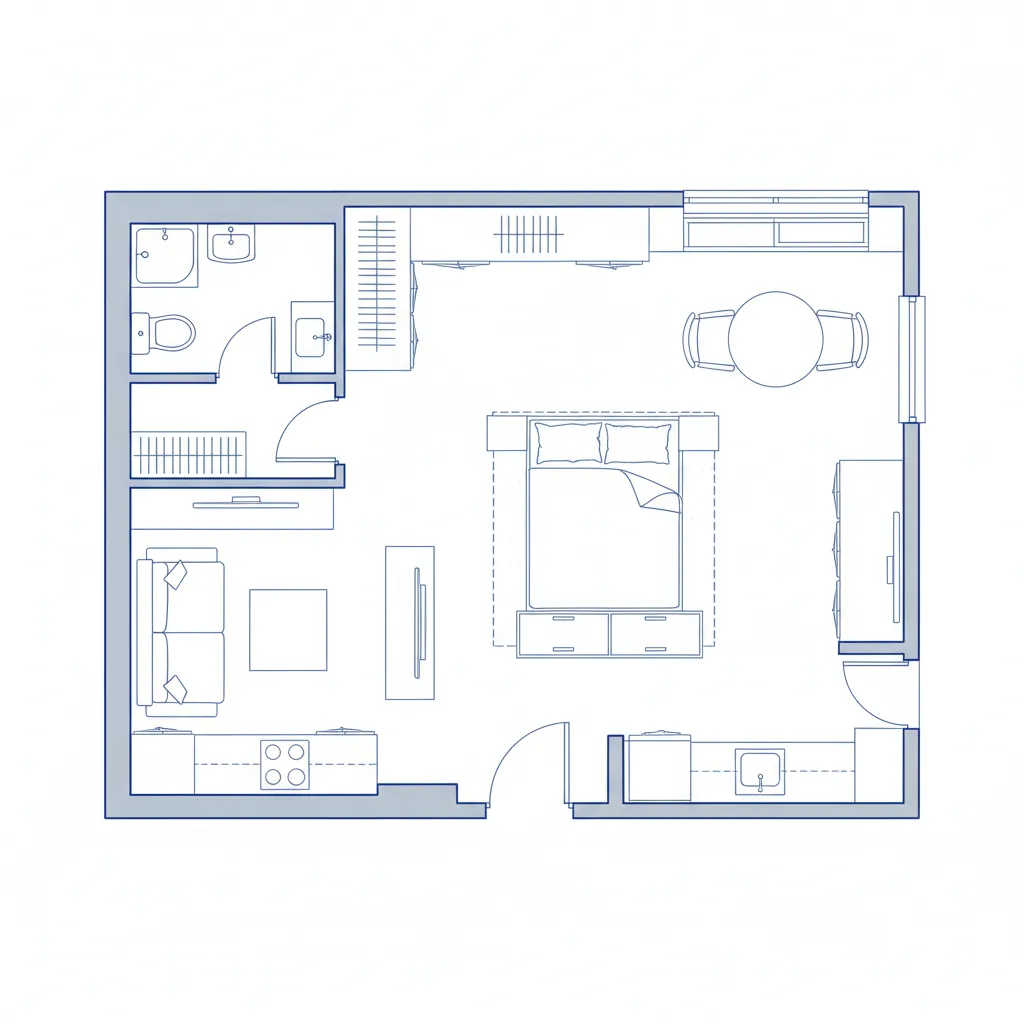 small studio apartment floor plan showing optimized furniture placement