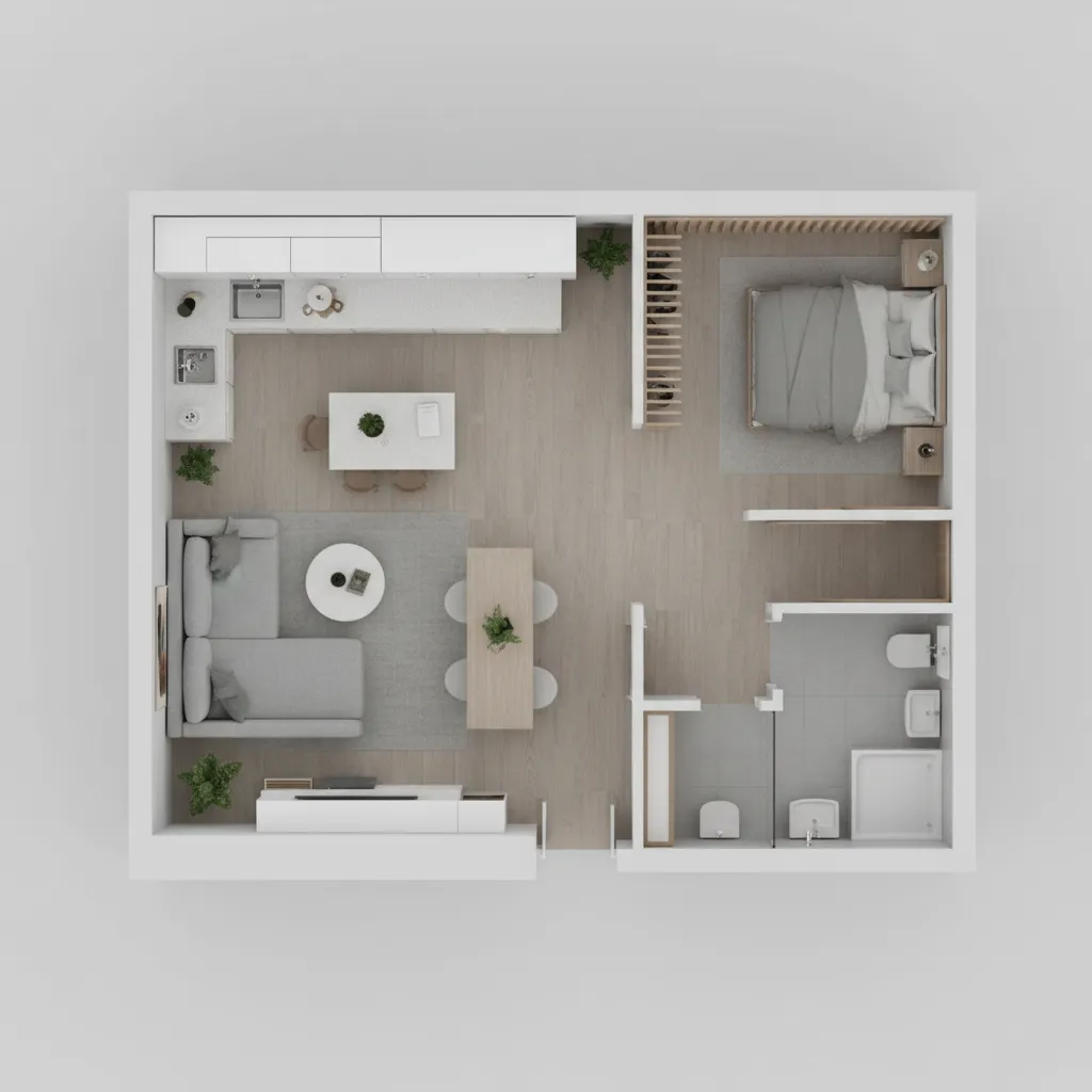 Small apartment floor plan optimized for space efficiency