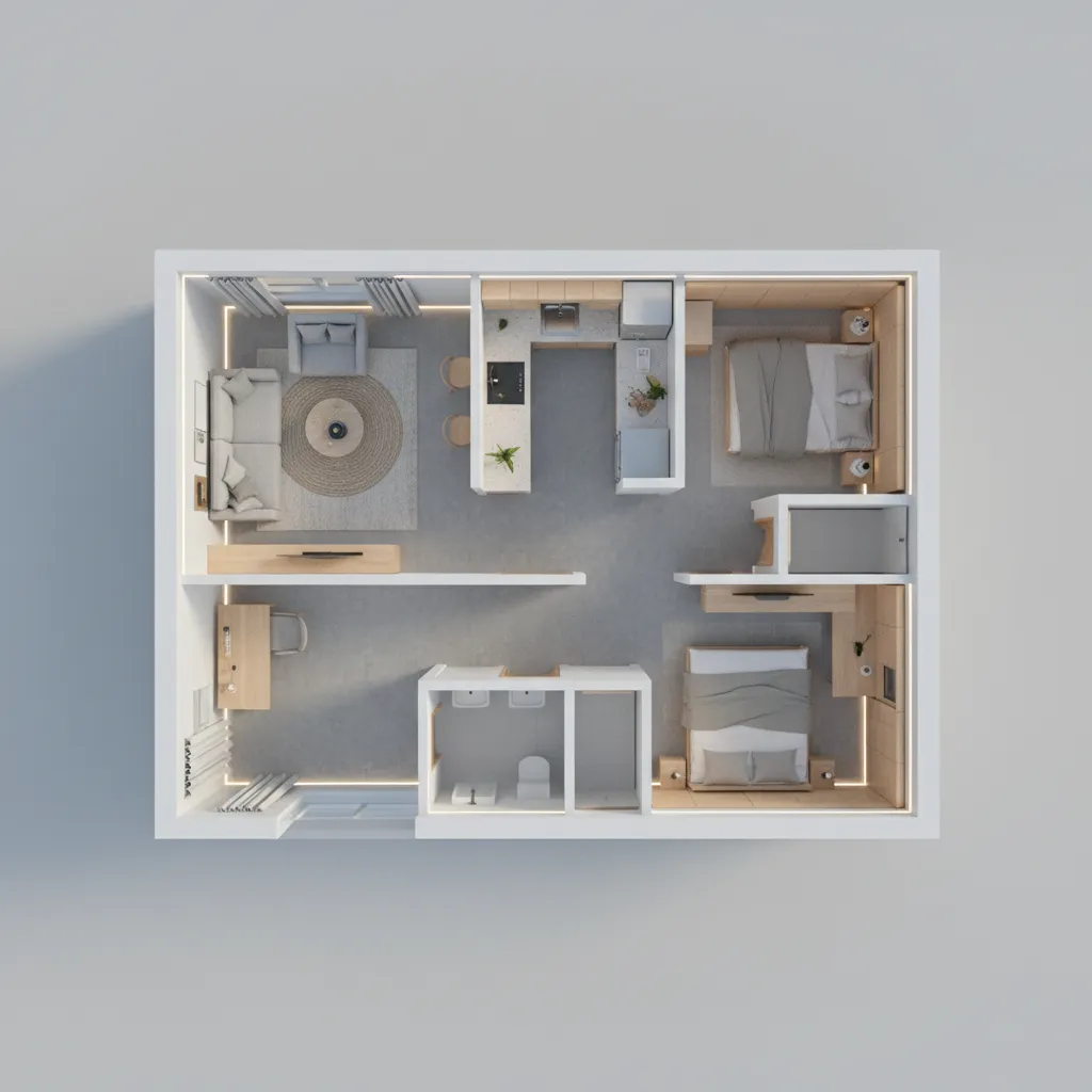 Compact apartment floor plan layout showing optimized space usage