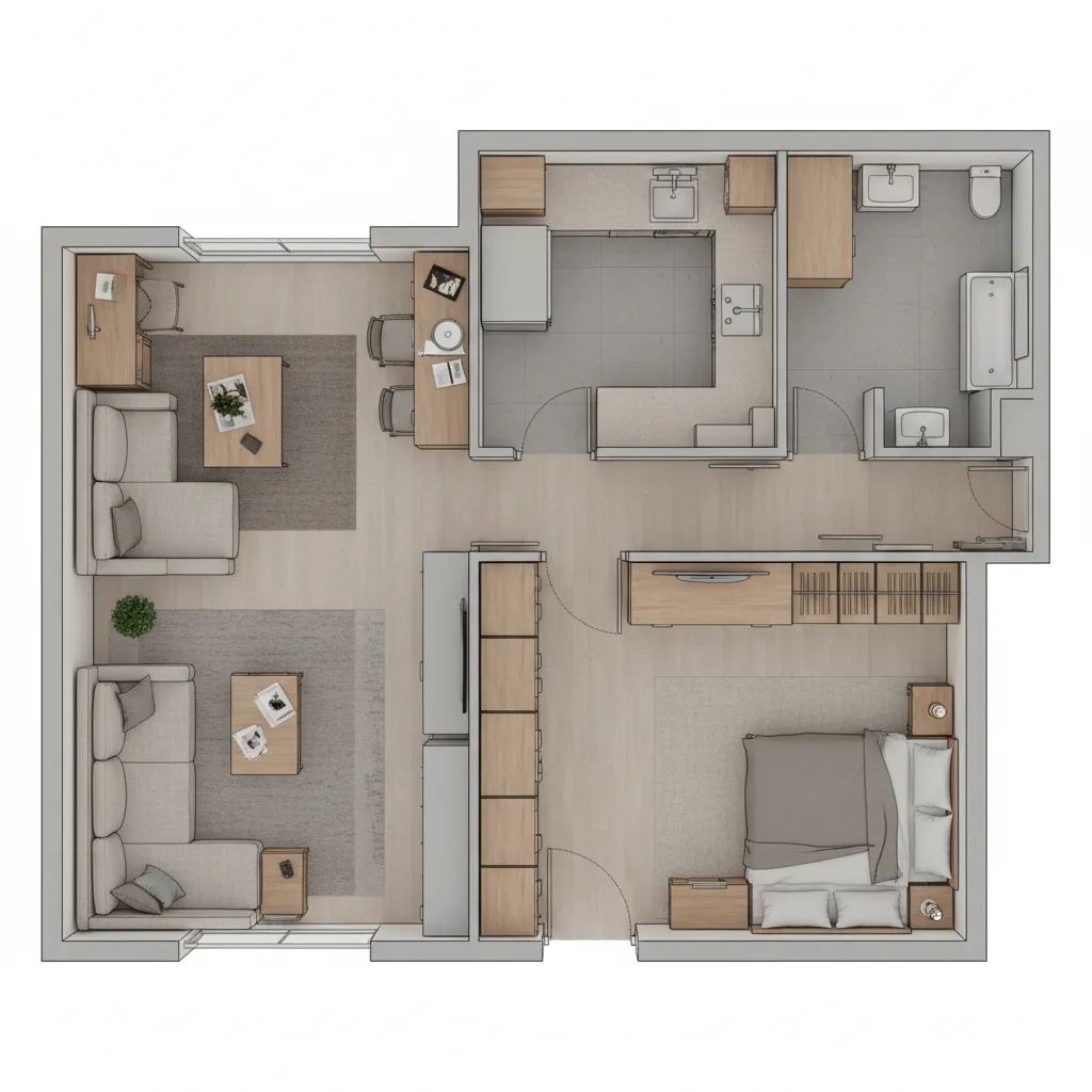 Optimized small apartment floor plan showing smart furniture layout