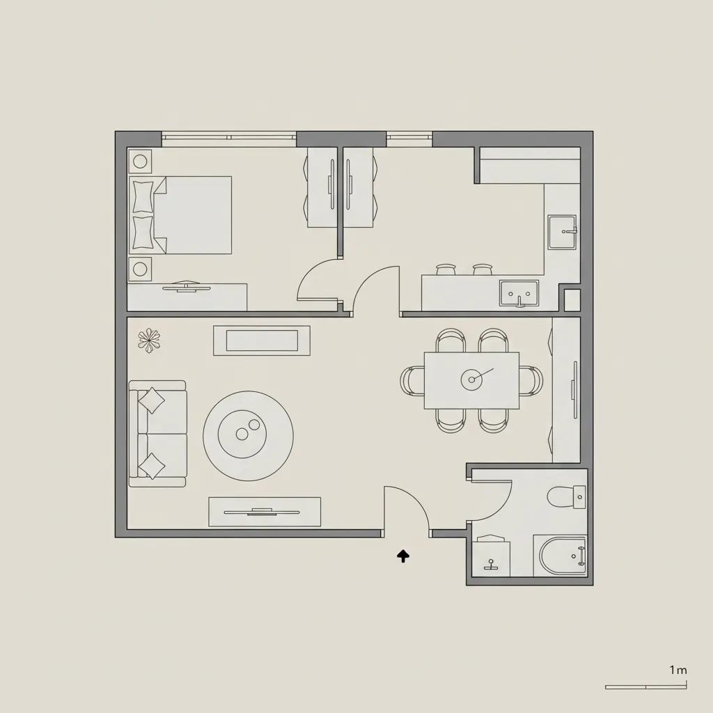 Compact apartment floor plan showing optimized furniture layout