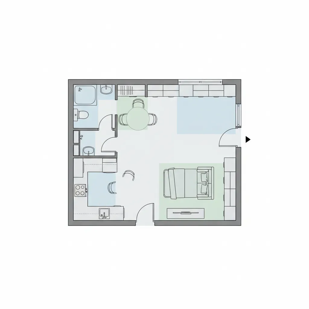 Optimized small apartment floor plan with efficient furniture layout