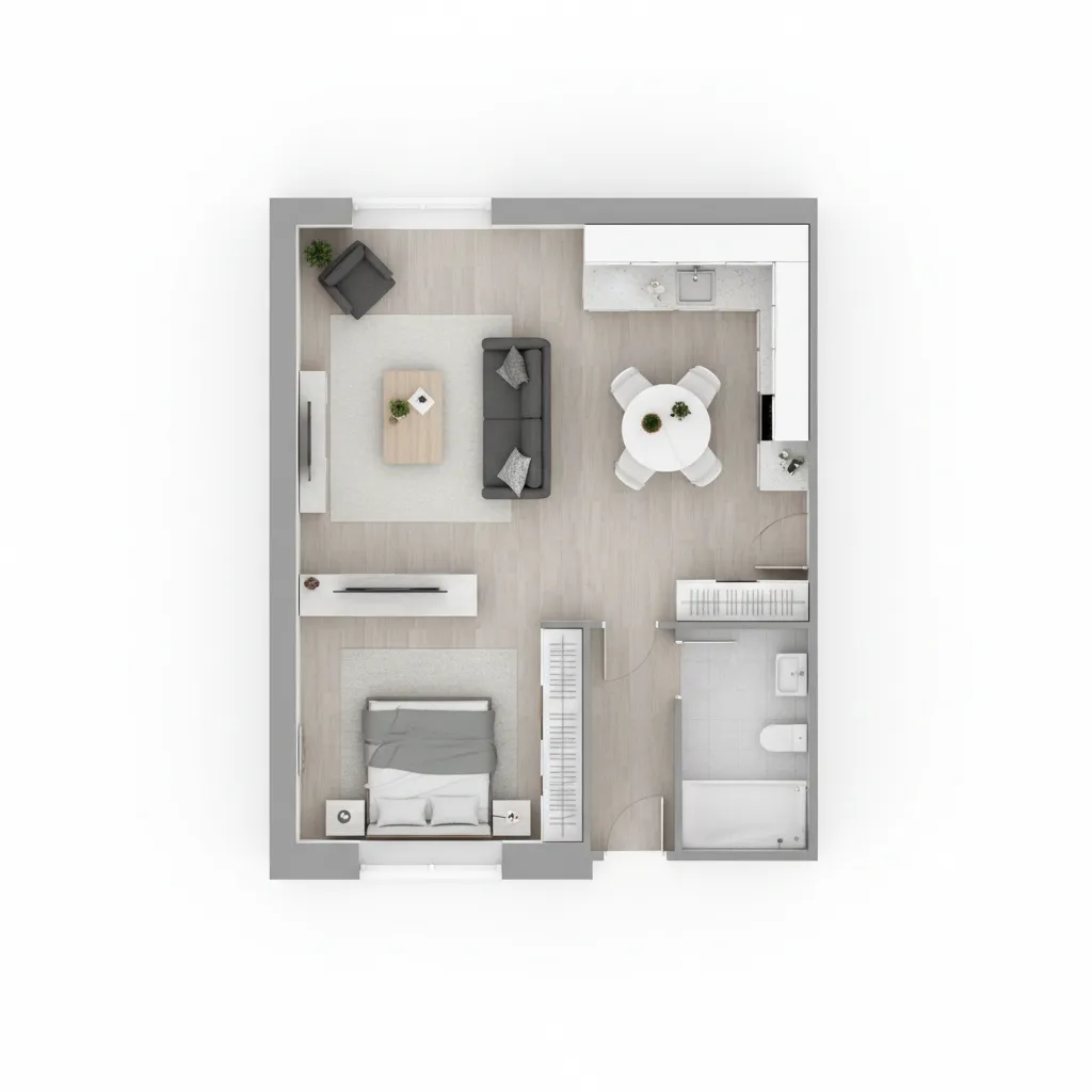 Small apartment floor plan with optimized furniture placement for space efficiency