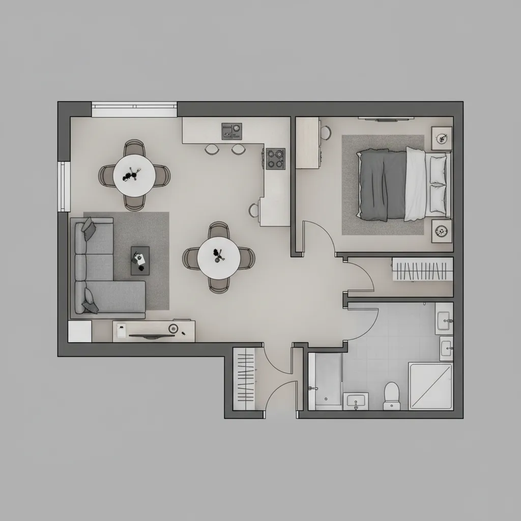 Optimized small apartment floor plan layout with furniture arrangement