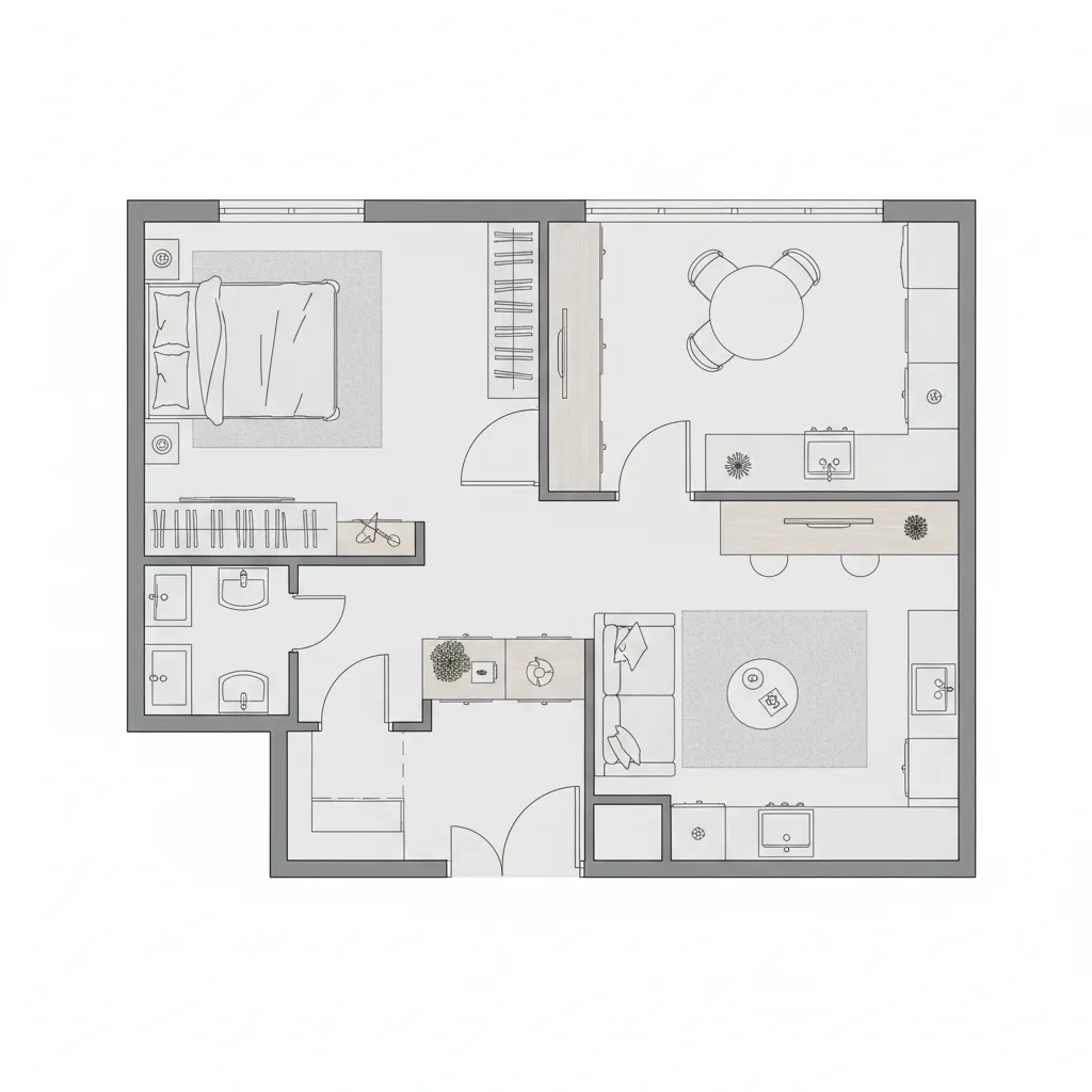 Compact apartment floor plan showing optimized furniture placement