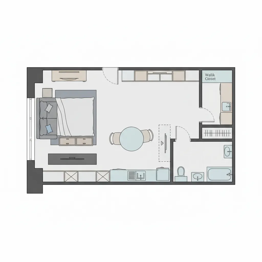 Optimized small apartment floor plan showing efficient furniture layout