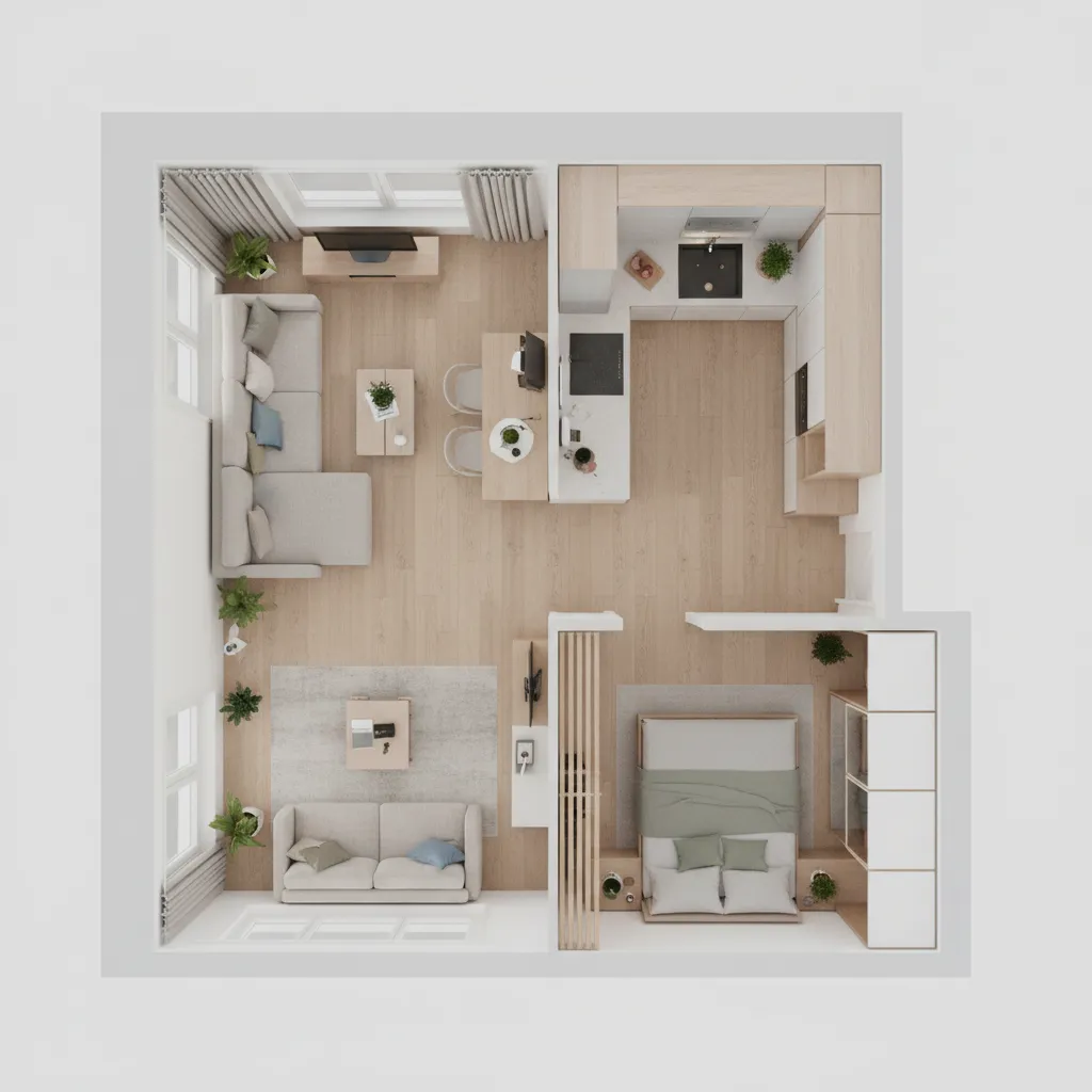 optimized small apartment floor plan showing efficient furniture arrangement