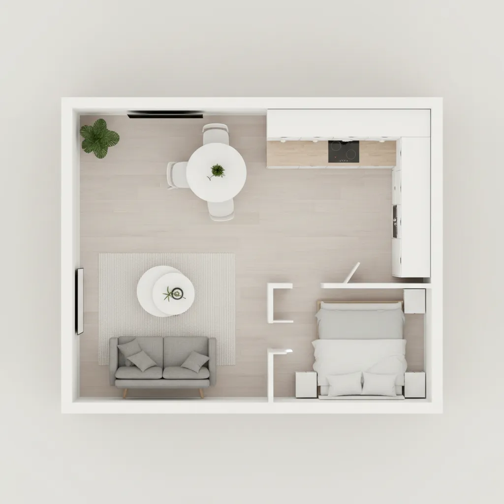 Small apartment floor plan layout with optimized furniture placement