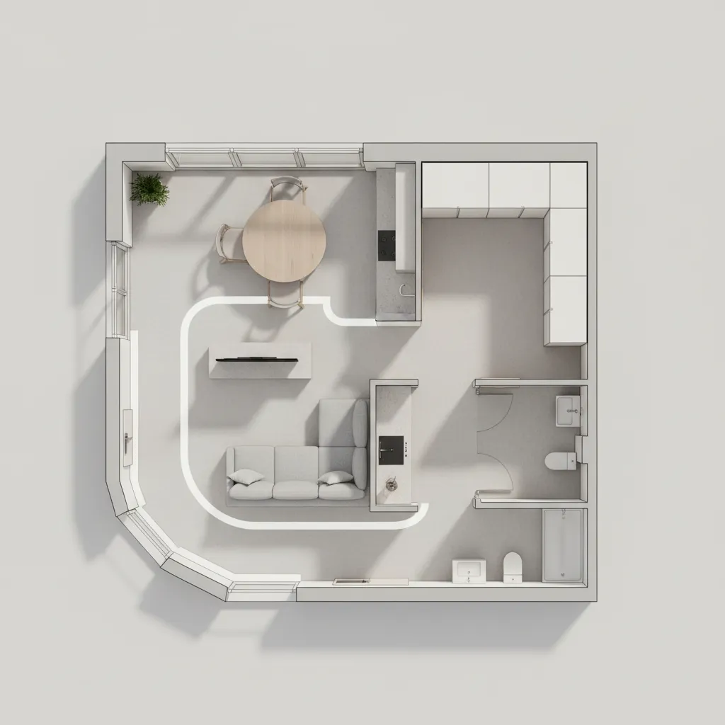 Compact apartment floor plan showing optimized furniture placement and circulation paths