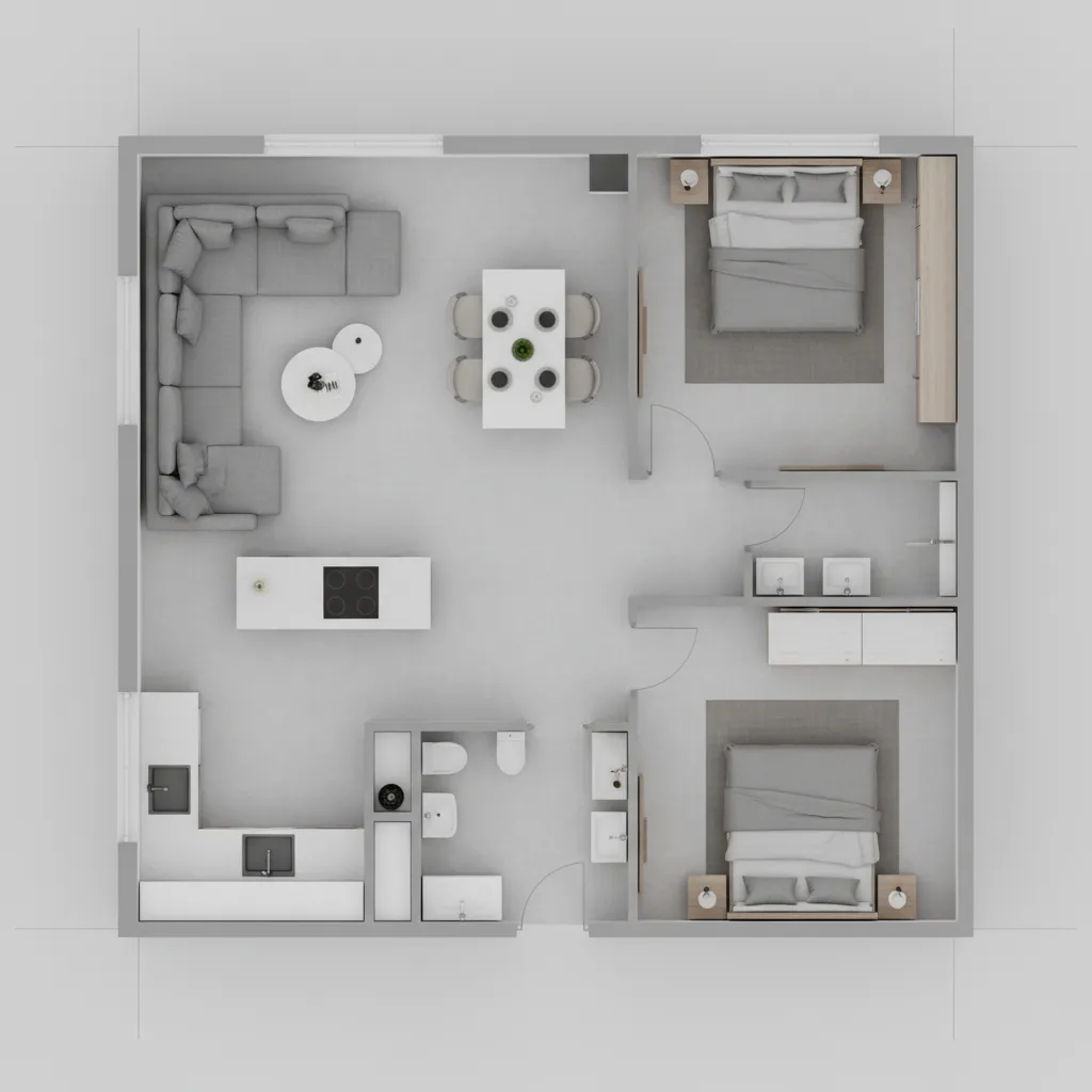 Optimized small apartment floor plan with furniture layout
