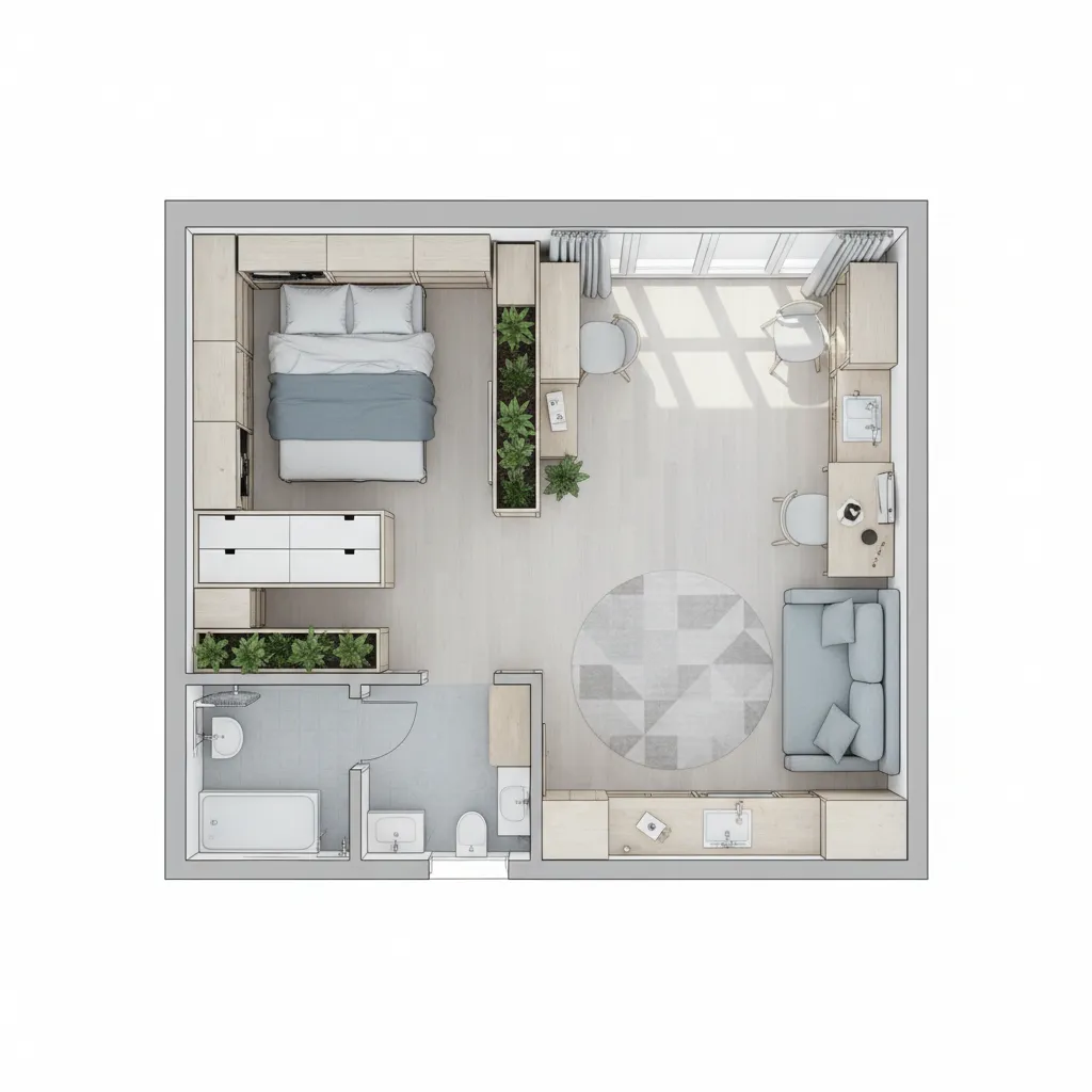 small apartment floor plan showing optimized furniture placement and storage layout